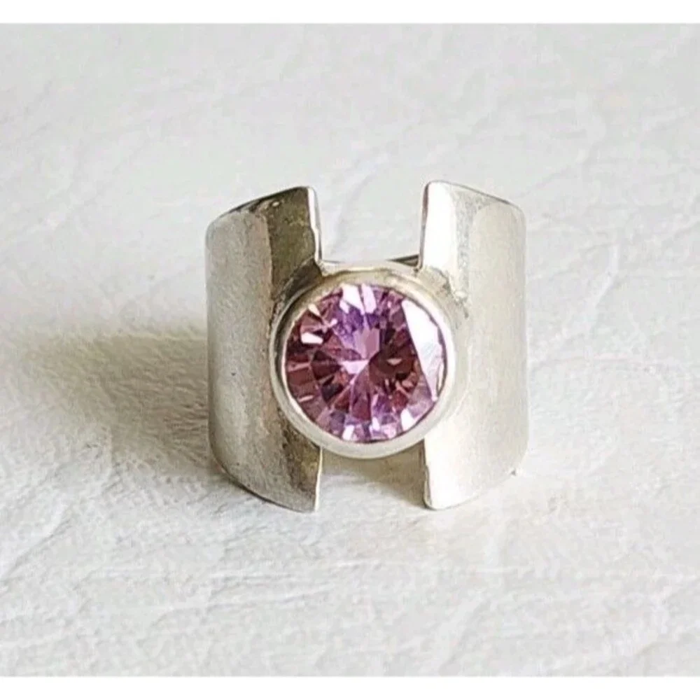 Vintage Mexico 925 Sterling SIlver & Pink Cubic Zirconia Modernist Ring sz 6.5